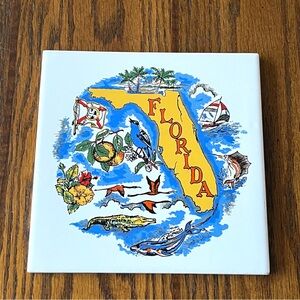 Florida Souvenir Ceramic Art Tile Vintage Palm Tree Fish Alligator Bird Orient